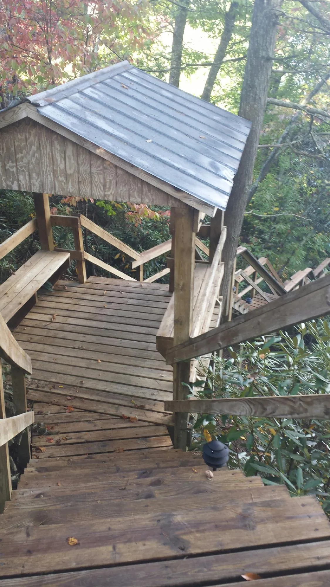 Metal roofed shelter over wooden steps on a wooded walkway — Skylight Repair & Installation work by our crew in Northpoint